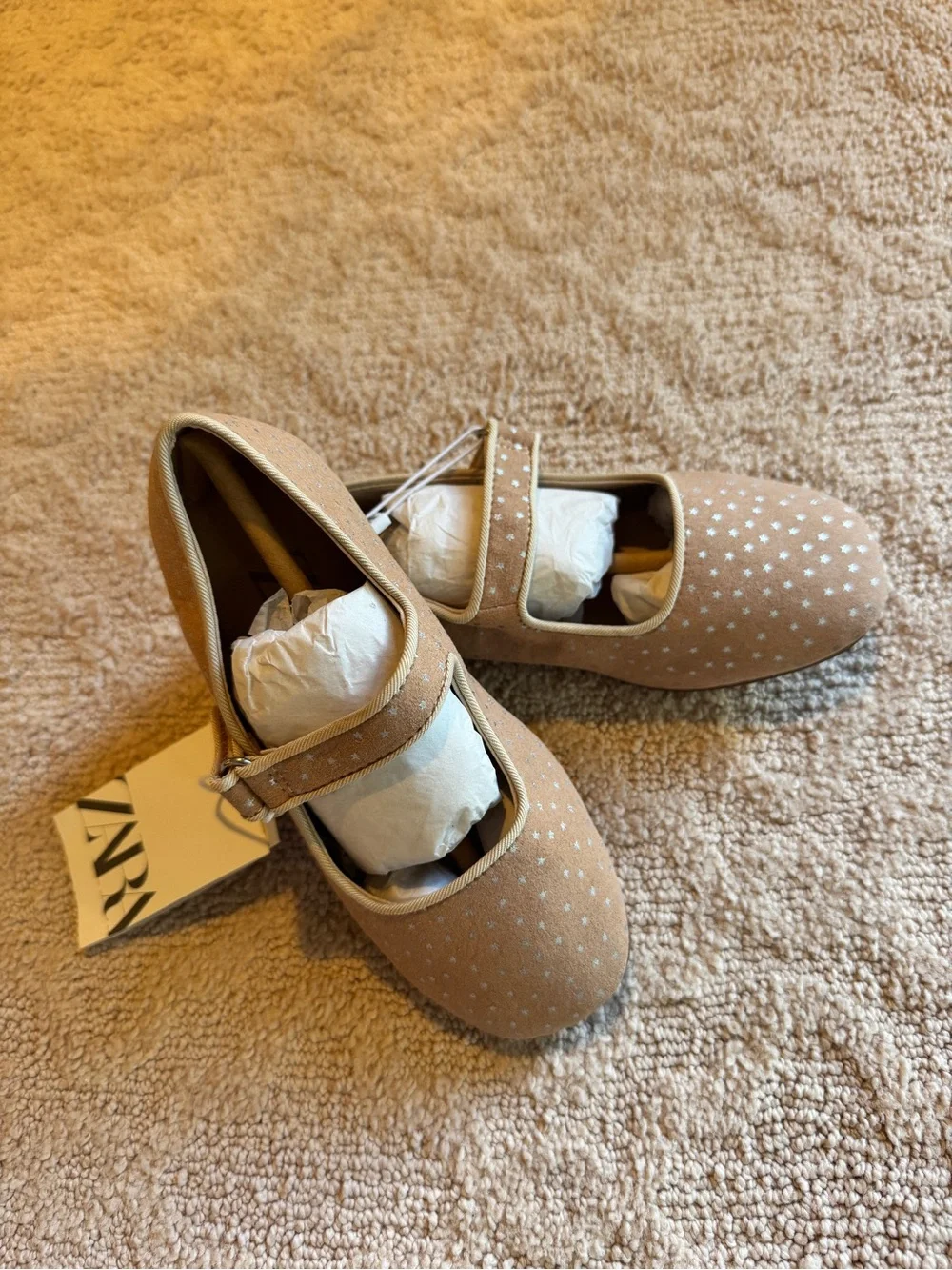 Zara Beige Mary Jane Flats with Silver Star Studs